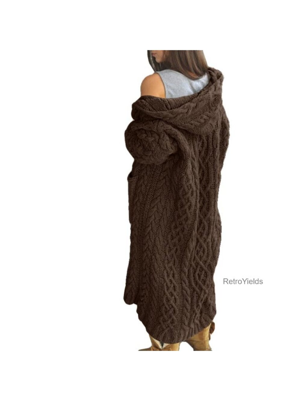 Cable Knit Open Front Long Cardigan Hooded Long Sleeve Acrylic Sweater